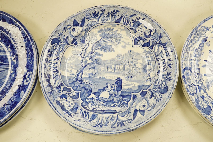 Six early 19th century blue and white transfer printed plates, including Spode, and three Wedgewood months blue and white plates, c.1900 largest 26cm in diameter. Condition - fair